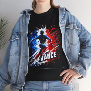 France Football Supporters Tshirt featuring a footballer with french national flag in background