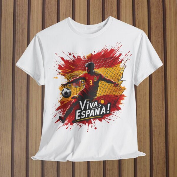 Viva Espana Football Fan tshirt features a football with a ball with the slogan "Viva Espana" and the Spanish national flag as the background