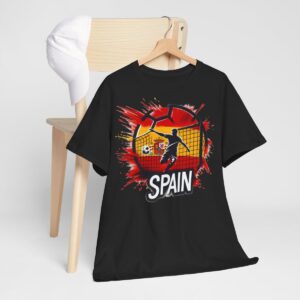 Best Spain football Tshirt features a football with the Spanish National colours at a backgroun with a Silhouette of a footballer