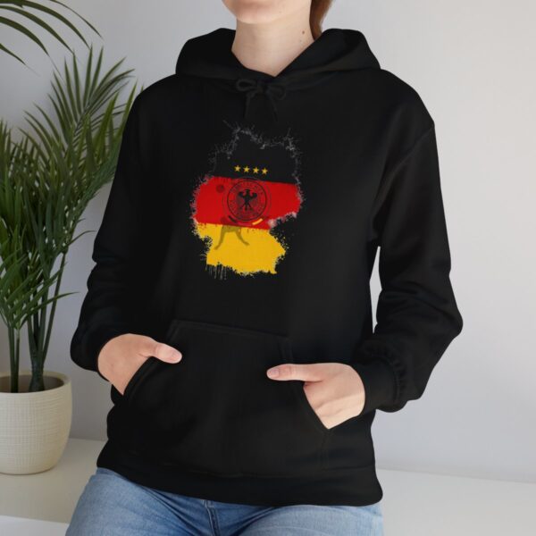 German Football hoodie features the map of Germany in the national colours with a footballer doing a bicycle kick.