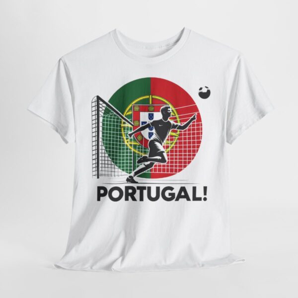 Cool Portugal Euro2024 Supporters Tshirt, featurging Portuguese national colours as background with a football player