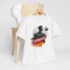 Germany Euro2024 football fan tshirt features a player with the football net as a background with the German national flag colours.