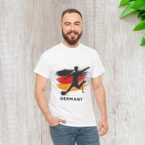 German Football Fan Tshirt featuring a footballer kicking a ball with the german national flag as the background