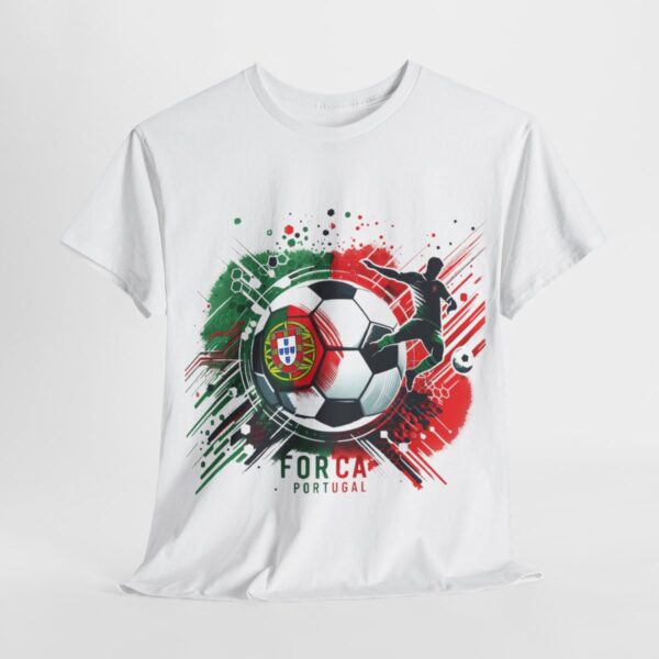 Forca Portugal football supporters Tshirt feating a footballer with the portuguese national flag as the background